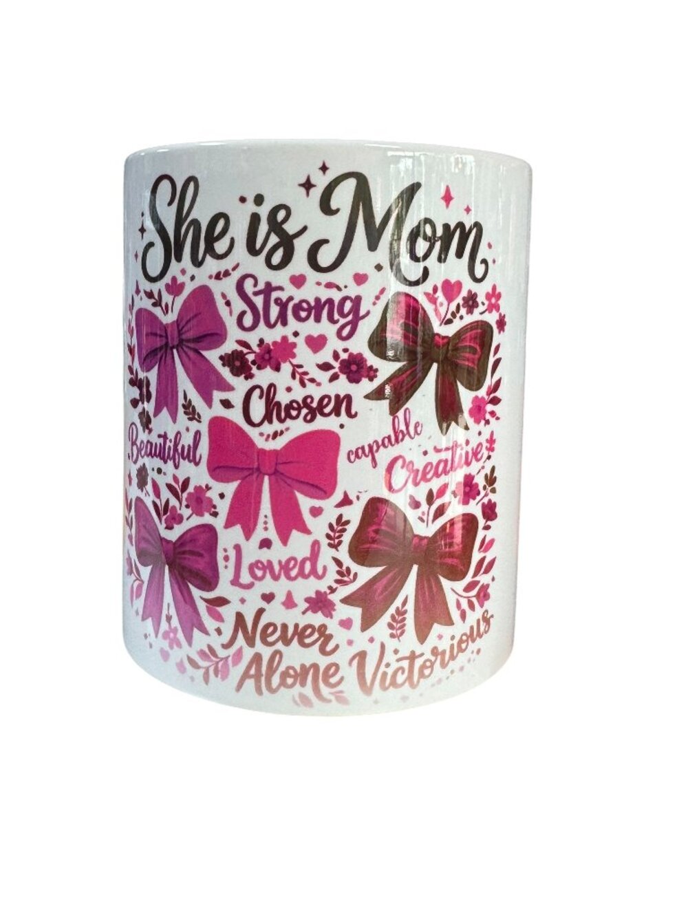She is Mom Ceramic Coffee Mug, White with Pink Bow Floral Design, 11 oz, Inspira